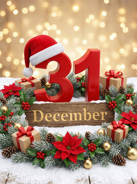 New Year Eve celebration concept with number thirty one red digits and December sign on snowy Christmas wreath background
