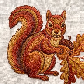 A detailed hand embroidery of a brown squirrel holding an acorn with oak leaves with embroidery linen fabric leaves intricate thread vibrant autumn colors