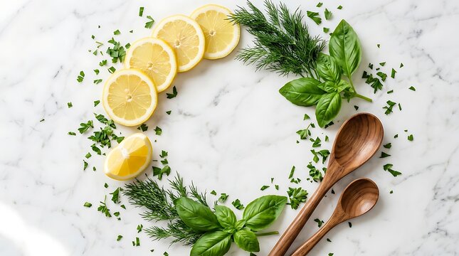 Fresh lemon slices and organic green herbs with wooden spoons on white marble background arranged in a circle frame