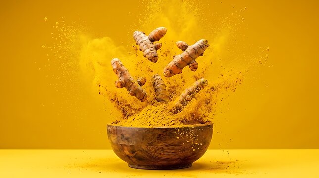Fresh turmeric roots falling into a wooden bowl with aromatic powder explosion on a yellow background
