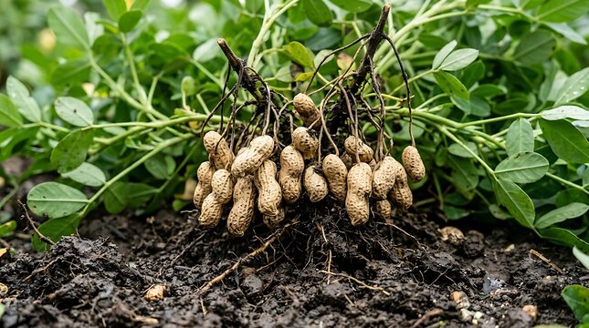 Freshly harvested peanuts with soil and green leaves attached from the organic farm field