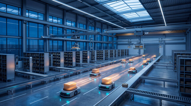 Automated smart warehouse with autonomous mobile robots moving parcels on conveyor lines in a futuristic logistics and fulfillment center interior