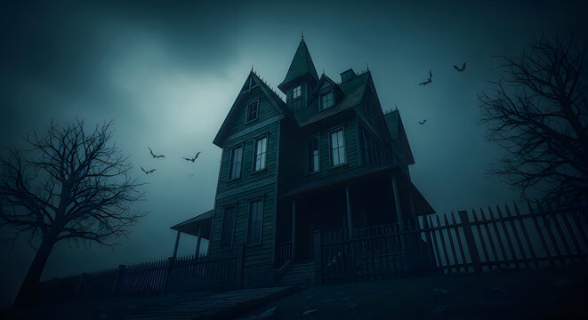 Spooky haunted house on a dark night with silhouetted trees and flying bats