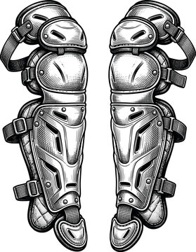 A pair of baseball catcher leg guards with knee caps shin plates and buckled straps drawn in detailed vintage engraving style with fine hatching on a plain white background