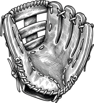 A leather baseball glove with laced fingers stitched webbing and a deep pocket drawn in detailed vintage engraving style with cross hatching shadows on a plain white background