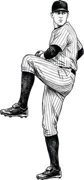 A baseball pitcher in a cap and pinstriped uniform lifting his knee high in a classic windup pose before the throw drawn in detailed vintage engraving style on white