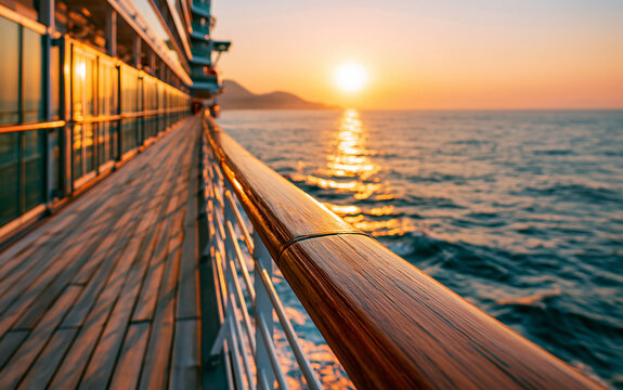 Wooden railing of cruise ship deck with sunset over ocean