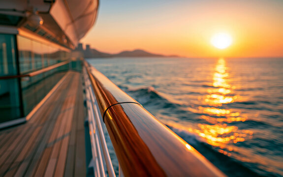 Wooden railing of cruise ship deck with sunset over ocean