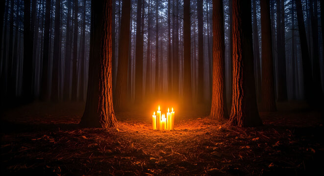 Mysterious forest scene with glowing candles illuminating a dark woodland environment