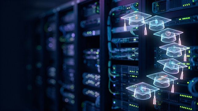 Holographic graduation caps floating above server racks in data center