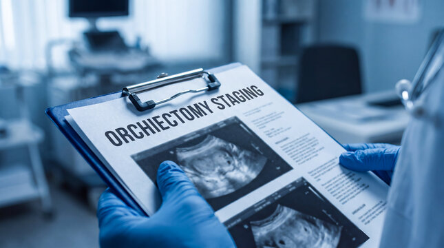 Doctor wearing blue medical gloves holding a clipboard with orchiectomy staging ultrasound reports