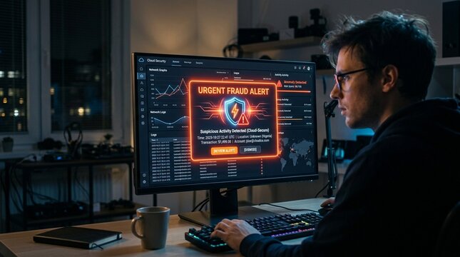 Cloud Based Fraud Alert Notification Glowing on Monitor - Fraud Detection Technology Concept