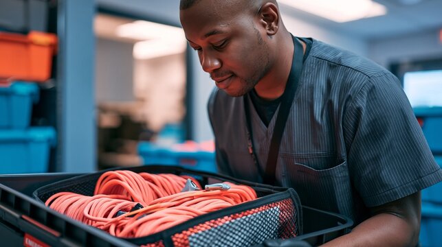 Operations Coordinator Coiling Backup Charging Cables in Storage Room
