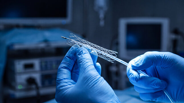 Surgeon in blue gloves holding an esophageal stent for a medical procedure in a hospital operating room