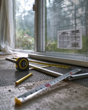 Window Screen Tear Measurement with Tape Measure in Empty Rental Living Room