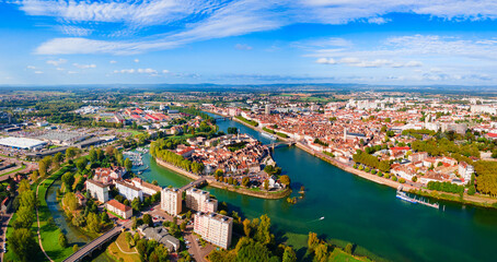 Obraz premium Aerial view of old town and river in Chalon sur Saone city, France