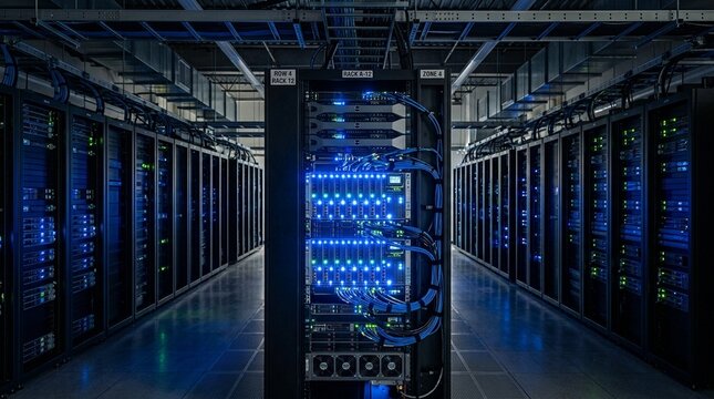Cloud Data Center Server Rack Glowing with Blue Lights - Cloud Computing and Data Infrastructure Concept