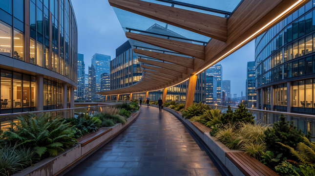 Rainy evening walkway through a landscaped modern office campus with dramatic timber canopy, glass buildings, illuminated windows, and a contemporary city skyline