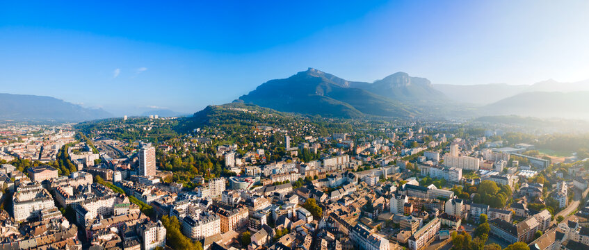 Panoramic aerial view Chambery city, Nivolet mountain in Savoie France