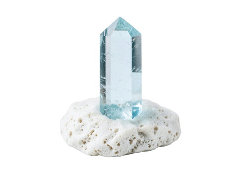x-default Raw Aquamarine Hexagonal Crystal Prism Set on White Albite Mineral Matrix Isolated