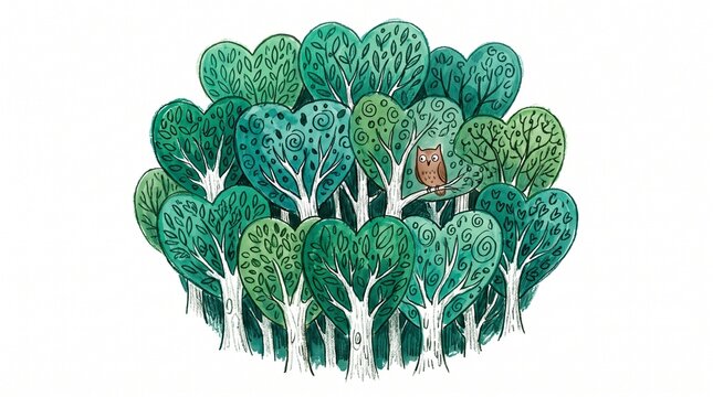 Heart shaped trees forest illustration with cute owl on white background, whimsical hand drawn watercolor woodland for environmental conservation and love nature concept