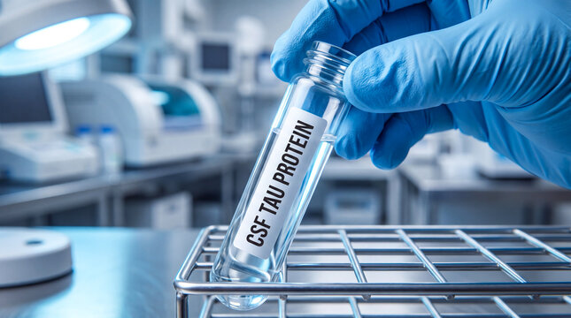 Laboratory technician placing a CSF tau protein test vial into a metal rack in a clinical research lab
