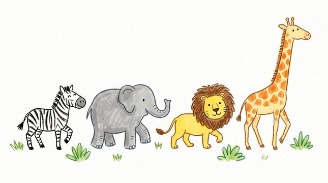 Cute safari animals illustration set with lion elephant giraffe and zebra walking on white background for kids nursery decoration and school learning materials