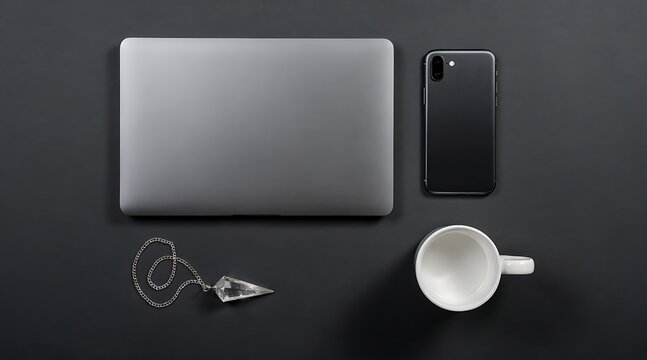Minimalist top view flat lay featuring a closed laptop computer, smartphone, empty white coffee cup, and a crystal pendulum necklace arranged neatly on a dark surface.