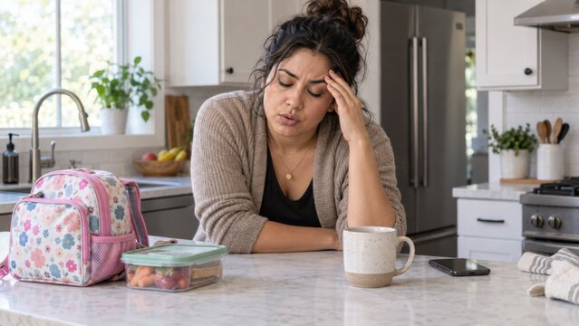 Tired mother in kitchen preparing lunch with backpack and snack container, parenting stress