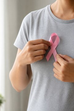 Woman holding pink awareness ribbon on gray shirt, breast cancer support and healthcare concept