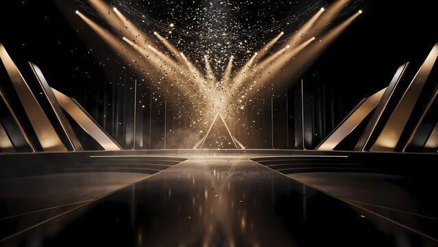 Stage spotlight background with falling confetti and glowing beams. Luxury award ceremony hall