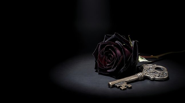 Velvety petals of an exquisite dark rose and an ornate antique silver key are dramatically highlighted by a single spotlight on a dark surface against a deep black background.