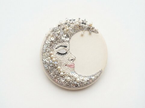 Crescent moon face with closed eyes and glitter texture on one side, cream background