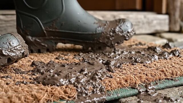 Rubber work boot presses into thick mud over coarse matting near rustic wooden boards. Dirty footwear shifts forward through saturated soil, creating gritty impression of manual outdoor work.