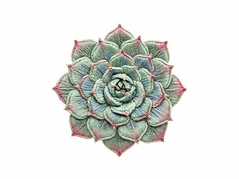 Succulent plant with pale green rosette leaves and dusty rose-tipped petals arranged in geometric symmetry