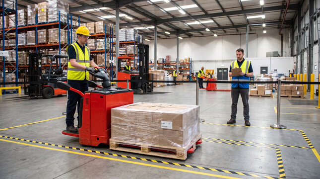 Trainee Operating Electric Pallet Jack While Supervisor Assesses Warehouse Driving Exam. Concept of moves, marked, course, warehouse training, forklift certification, logistics assessment.