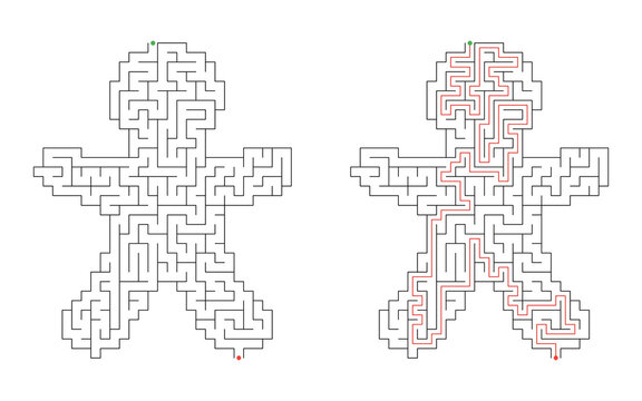 Solved Christmas gingerbread man maze with a red solution path connecting the green start and red finish markers