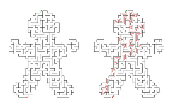 Christmas gingerbread man maze puzzle with green start and red finish markers, featuring a simple geometric labyrinth shaped like a festive cookie character