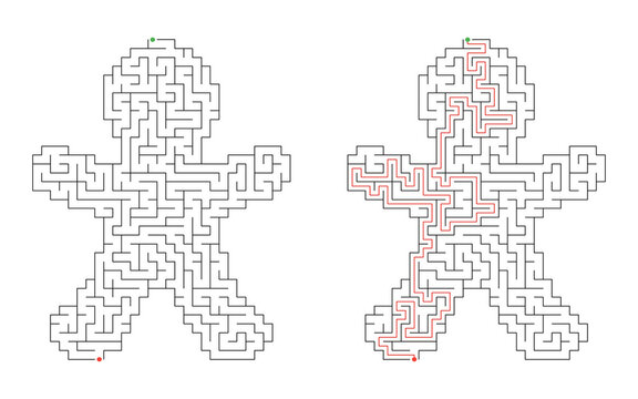 Solved Christmas gingerbread man maze showing a red solution path between green start and red finish markers