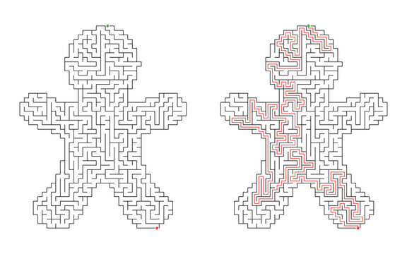 Christmas gingerbread man maze puzzle with green start and red finish markers, featuring a challenging geometric labyrinth for holiday activities