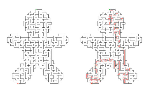 Christmas gingerbread man maze puzzle with green start and red finish markers, designed as a printable holiday brain teaser