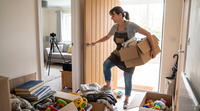 Woman moving cardboard boxes clearing house clutter before real estate photography staging session. Concept of architecture, property, media, home staging, decluttering, unpacking.