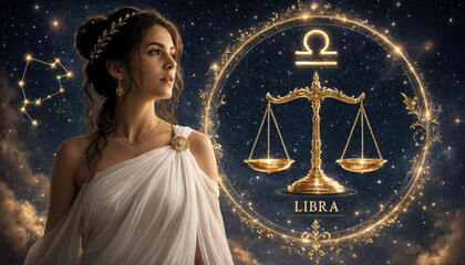 Fototapeta premium Libra zodiac sign concept with celestial goddess woman and golden scales in starry sky. Concept of astrology, horoscope, constellation, justice.