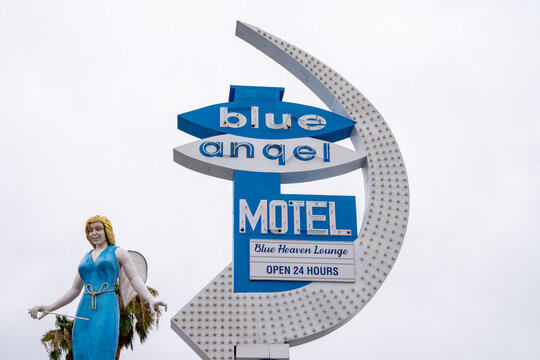Las Vegas, Nevada - September 6, 2026: Famous Blue Angel statue by Betty Willis in the Downtown Las Vegas Arts District, vintage neon sign restored