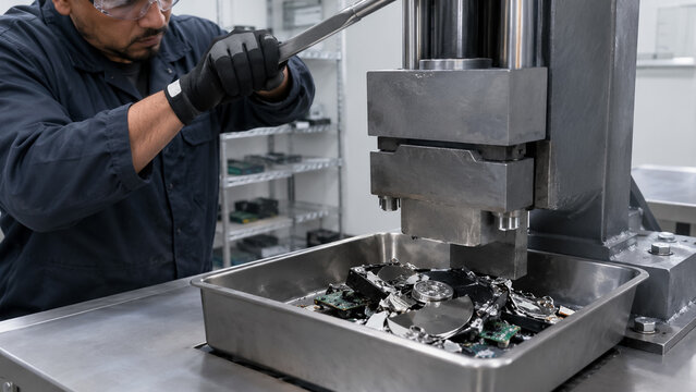 Worker operating hydraulic press to destroy hard drives for certified data destruction service. Concept of cybersecurity, obsolete, crushing, e waste, obsolete hardware.
