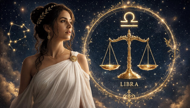 Libra zodiac sign concept with celestial goddess woman and golden scales in starry sky. Concept of astrology, horoscope, constellation, justice.