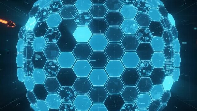 Futuristic blue digital shield forming from glowing hexagonal data grids in cyberspace security