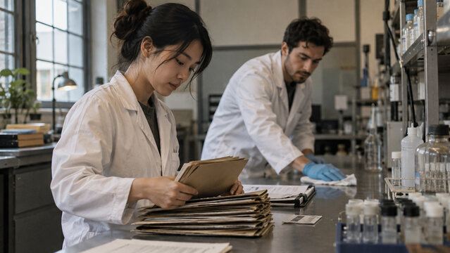 Laboratory Scientists Reviewing Audit Documents and Preparing Workspace for Certification Standards Assessment. Concept of organize, external, quality control, compliance review, lab coat.