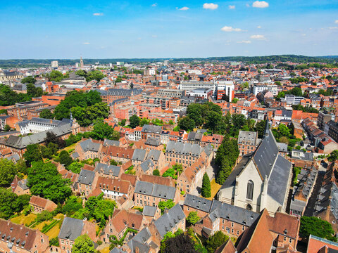 Aerial view Great Beguinage, Saint John Baptist Church in Leuven city