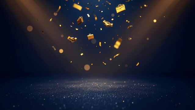 Business success celebration and corporate achievement concept. Golden briefcases and handshake icons falling like confetti on dark background with spotlight